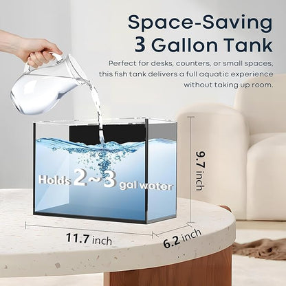 3 Gallon Small Fish Tank Glass Aquarium Set, Starter Kit with Heater Self Cleaning System Filter Bright Light Rocks Gravel Cleaning Tool, Leak-Proof Clear Rimless Desktop Spaces Saving Betta Fish