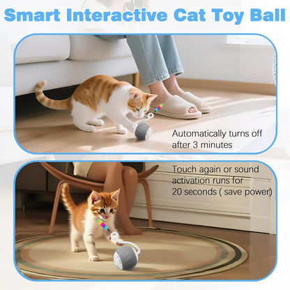 Cat Toys Interactive for Indoor Cats, Touch & Sound Smart Control - Fast slow 2 Speed Motion Activated Cat Ball Toy for Bored Cats With LED Lights, Feathers Tail, USB Charging Cable, 6in1 - Gray
