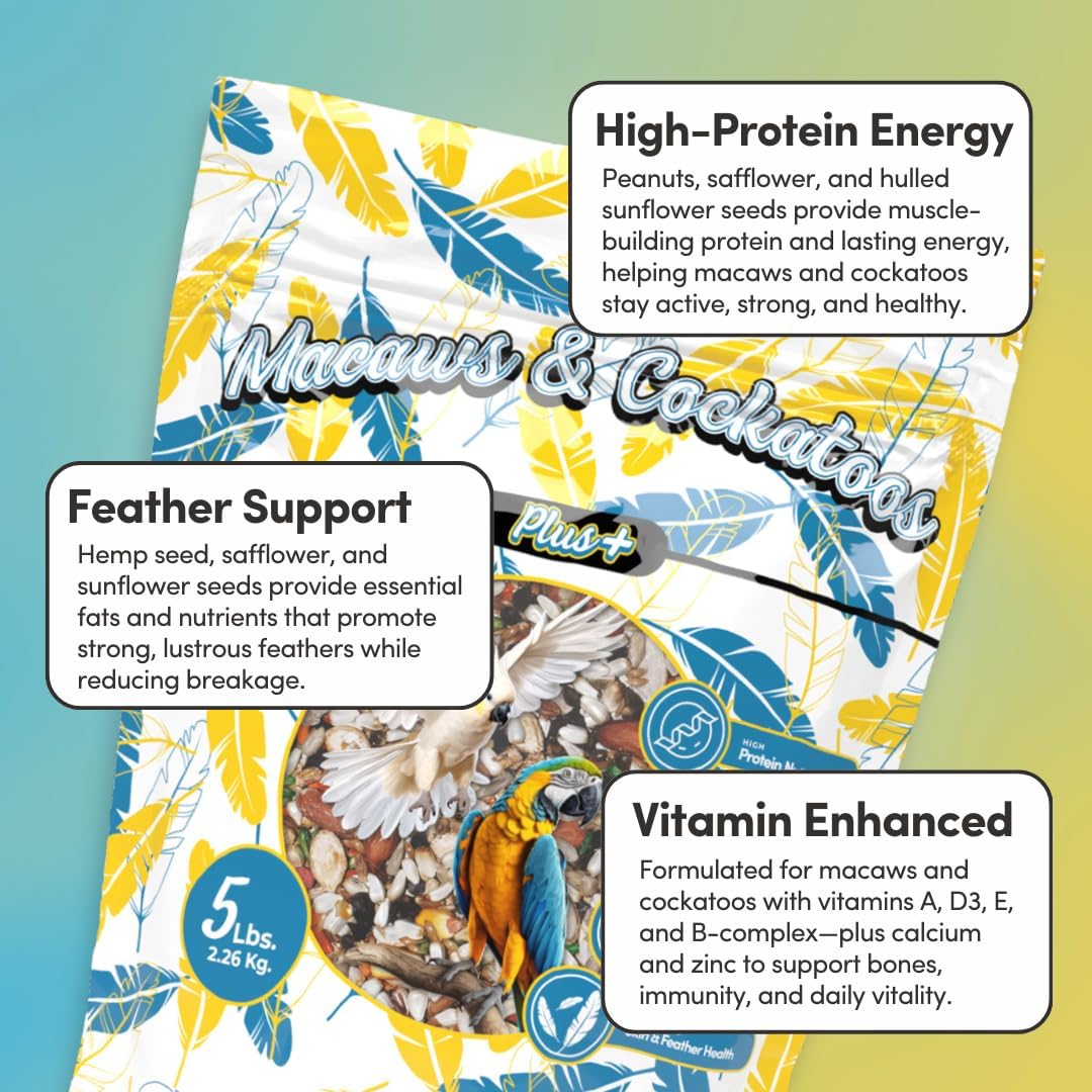 Mycelium Organic Macaw & Cockatoo Plus Bird Food (5 LBS) | High-Protein Bird Seed for Large Birds | Vitamin-Enriched Daily Nutrition | Skin & Feather Support | Non-GMO & USA Made