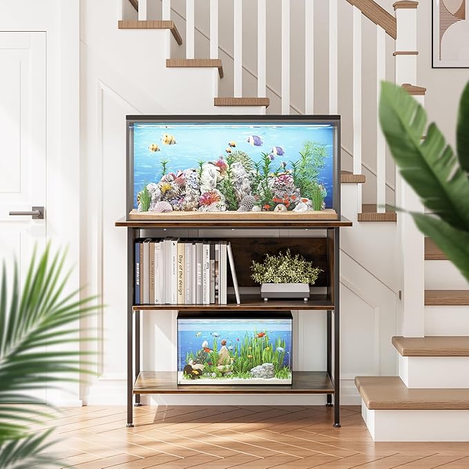 APPLOYN 40-50 Gallon Fish Tank Stand, Aquarium Stand with 3-Tier Storage Shelf, Heavy Duty Metal Frame for Turtle Reptile Terrarium Tank Stand, for Living Room, Office, 36.6" L x 18.9" W x 31.5" H, Black, Vintage Brown