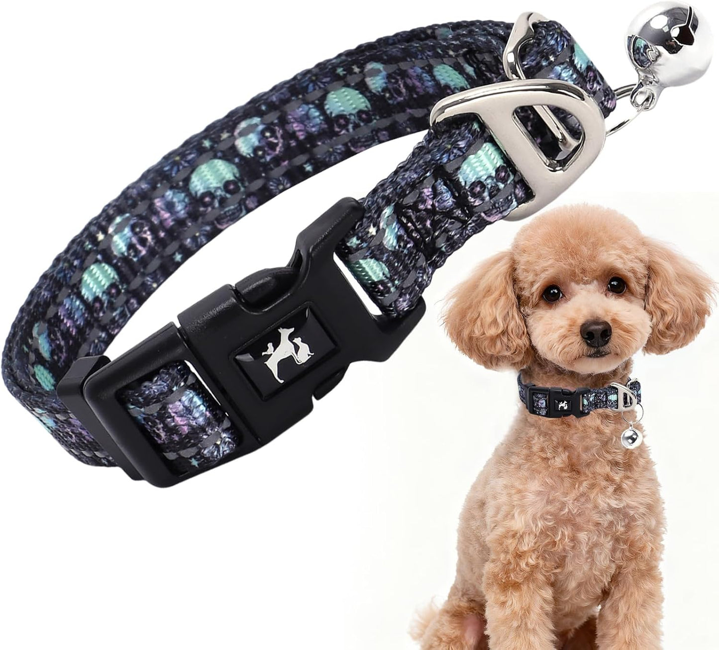 XS Dog Collar with Bell - Soft Adjustable Nylon Collar for Small Breeds, Skull Pattern Reflective Collar for Chihuahua Pomeranian Yorkie, Lightweight & Comfortable for Tiny Dogs (Skull XS)