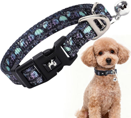 XS Dog Collar with Bell - Soft Adjustable Nylon Collar for Small Breeds, Skull Pattern Reflective Collar for Chihuahua Pomeranian Yorkie, Lightweight & Comfortable for Tiny Dogs (Skull XS)