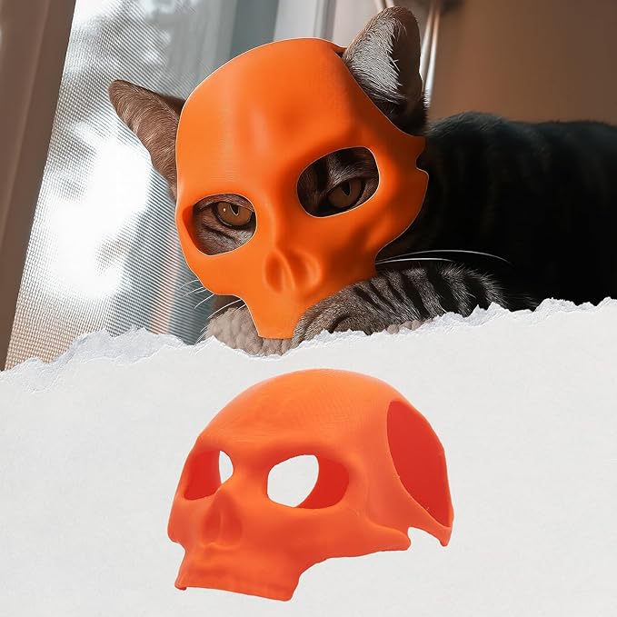 Cat Bat Mask Halloween Costumes Accessories for Cats, Cat Bat Cosplay Apparel (Medium, Orange Skull)