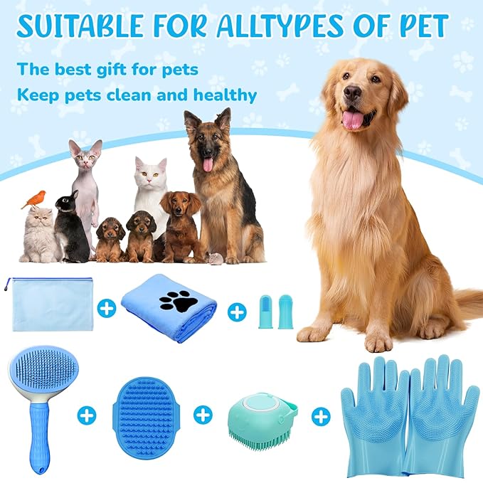 Dog Grooming Kit for Shedding – 8-Piece Pet Grooming Supplies with Deshedding Brush, Bath Gloves, Towels & Silicone Toothbrush | Ideal for Dogs, Cats, Small and Large Pets (Blue)