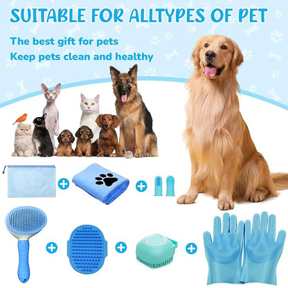 Dog Grooming Kit for Shedding – 8-Piece Pet Grooming Supplies with Deshedding Brush, Bath Gloves, Towels & Silicone Toothbrush | Ideal for Dogs, Cats, Small and Large Pets (Blue)