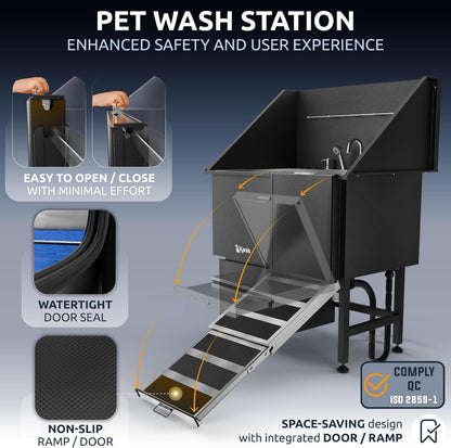 KANIS Black Line Professional Dog Washing Station - 304 Stainless Steel Pet Wash Sink & Grooming Bathtub w/Shower, Floor Grates and Storage for Large, Medium & Small Pets (40", 1 Drawer - Right Ramp)