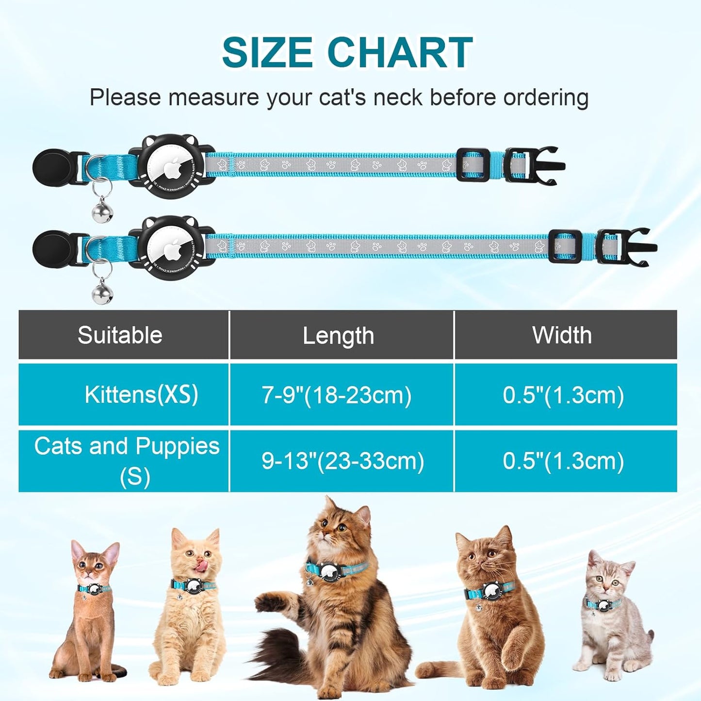Airtag Cat Collar, Reflective Cat Collar with Apple Air Tag Holder, Breakaway GPS Tracker Pet Collar with Bell for Cat Kitten, Airtag Not Included, Blue, XS(7-9 Inch)