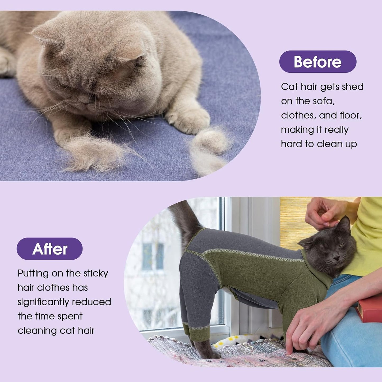 SUNFURA Hair Sticky Cat Clothes, Cat Sweater for Cats Only, 4-Legged Fleece Sweaters Kitten Pajamas Reduce Shedding Fur, Warm Pullover Shirts for Cats, Army Green L