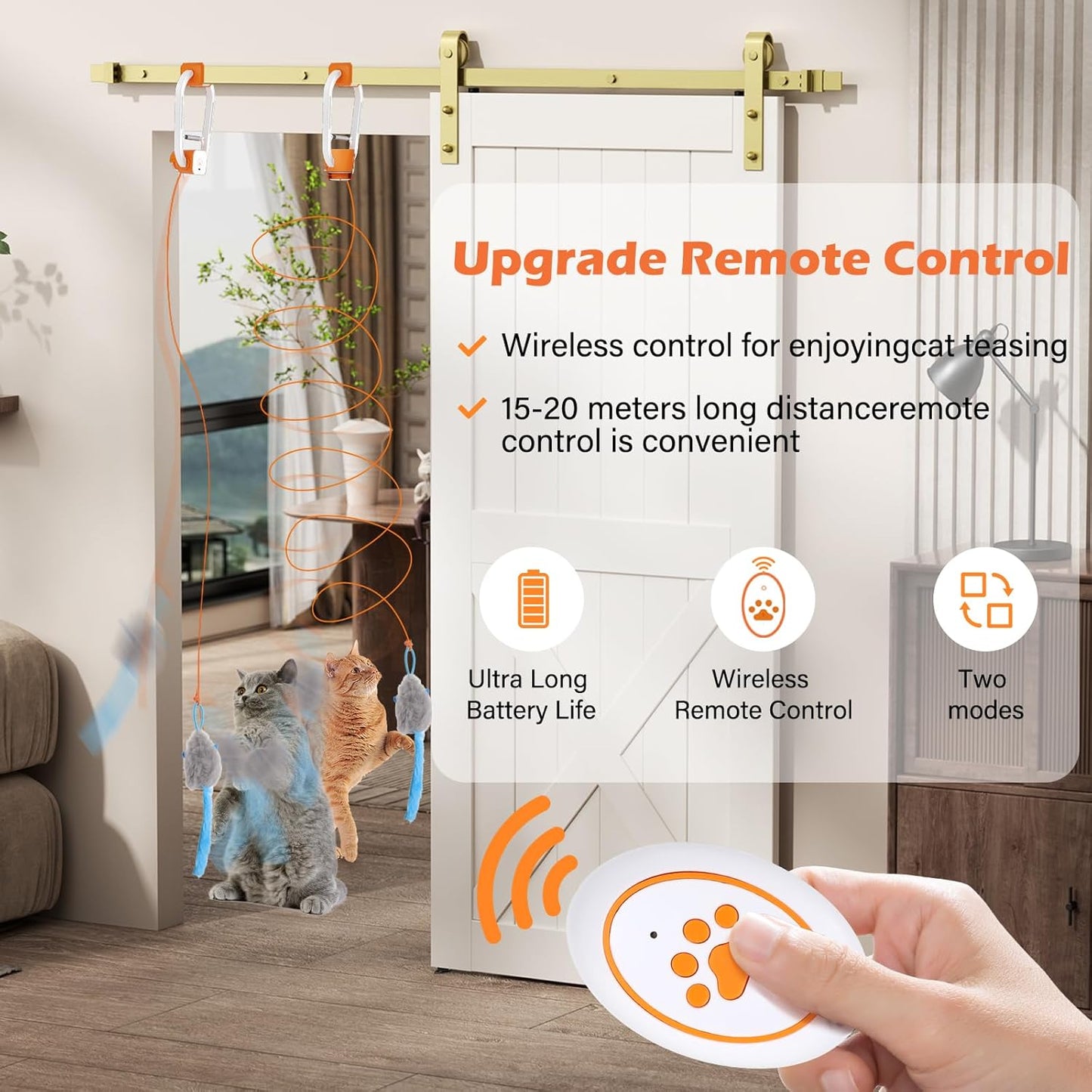 Rechargeable Electric Cat Teaser with Remote – Interactive Door Clip Toy for Cats, 2 Motion Modes (360° Spin & Irregular Jumping), Smart Auto Cat Toy for Exercise & Fun (Orange)