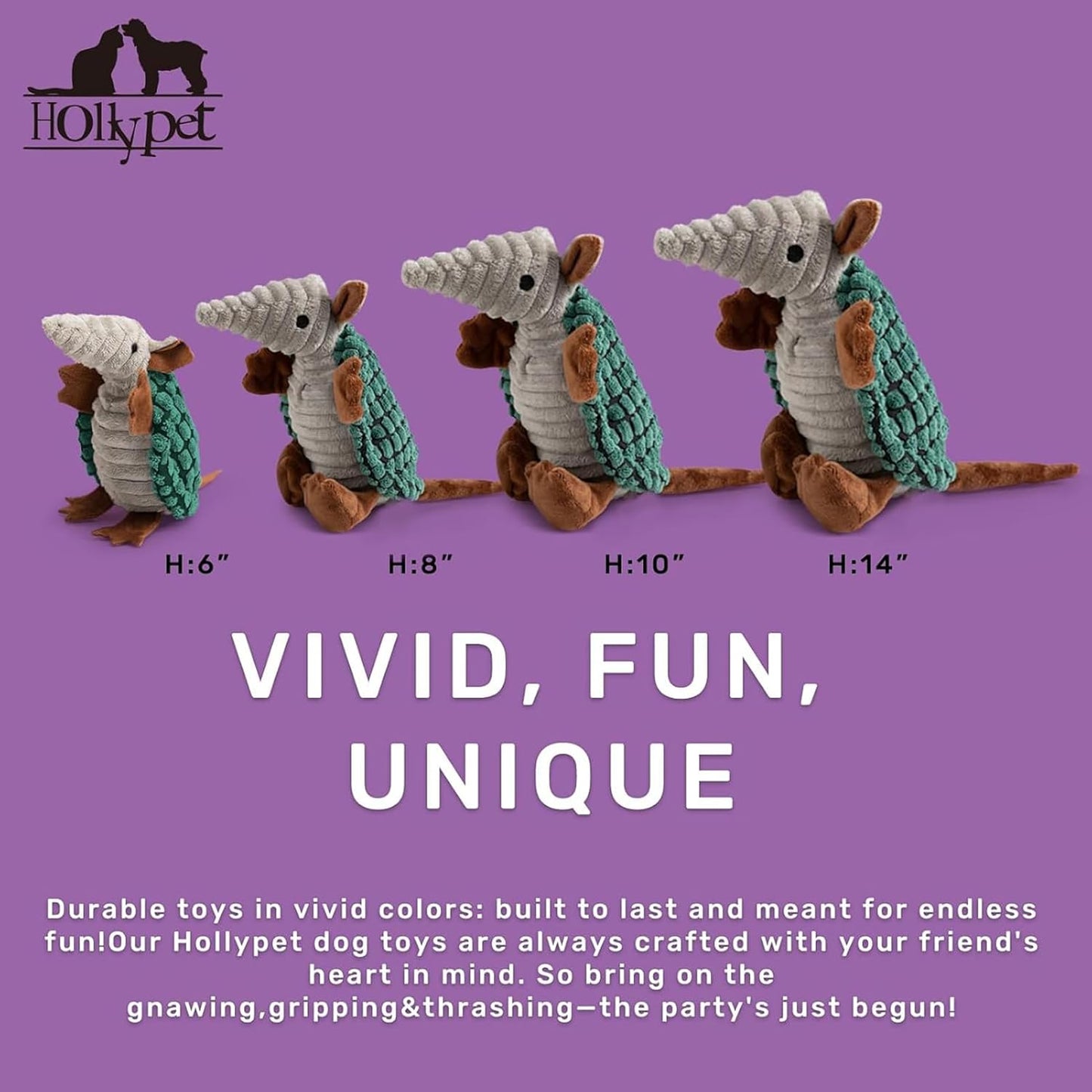 Hollypet Plush Dog Squeaky Toy Stuffed Armadillo Animal Pet Puppy Chew Toys with Clean Teeth for Small Medium Large All Breed Sizes Dogs, Deep Green, 6 in