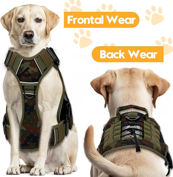 Heavy-Duty Tactical Dog Harness for Large Dogs, No Pull Adjustable Reflective Pet Vest with Molle System, K9 Military-Grade Control for Service Training, Outdoor & 10+ Breeds, Green Camo, XX-Large