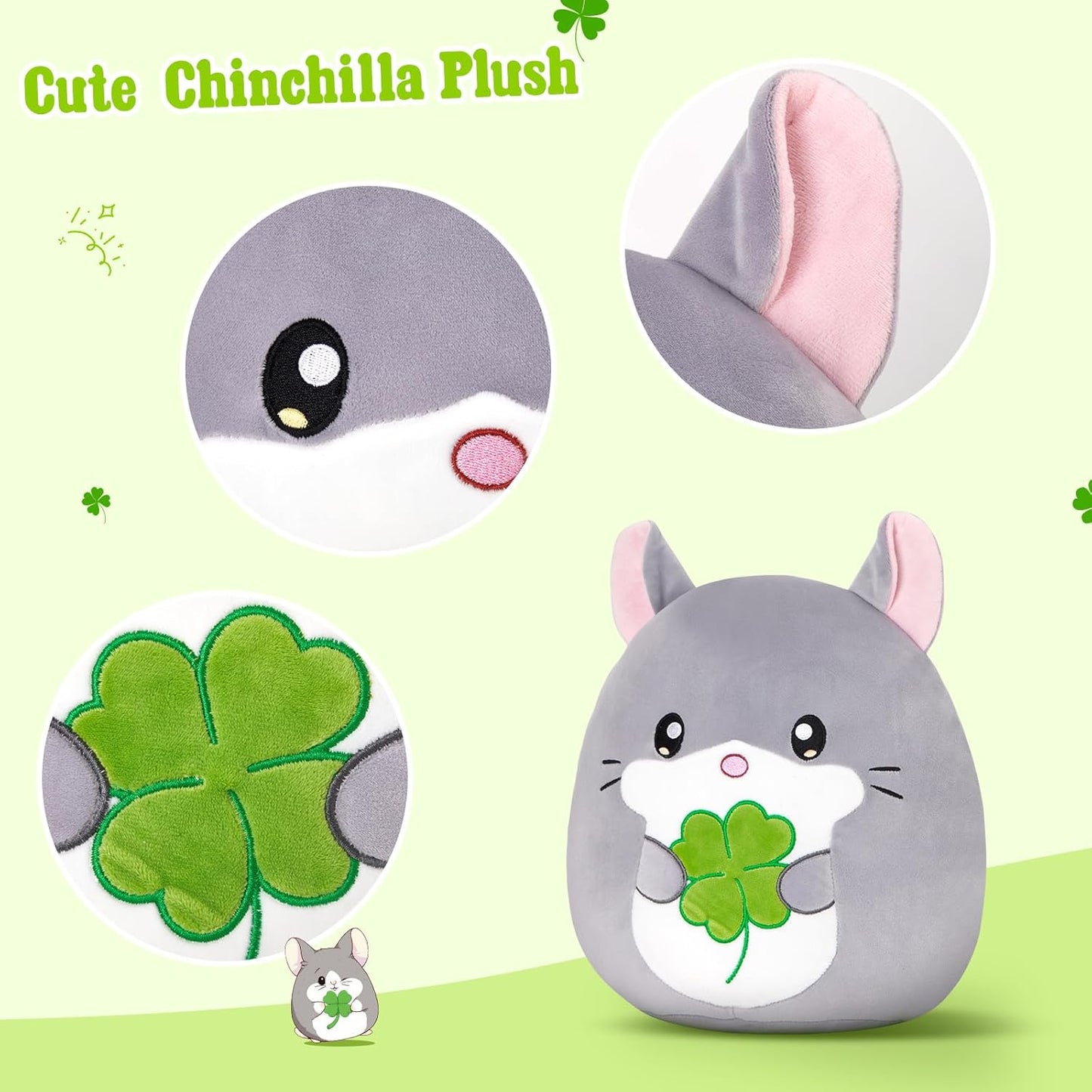 13-Inch Chinchilla Plush Pillow with Four-Leaf Clover, Ultrasoft Grey Chinchilla Stuffed Animal Toy Hugging Throw Toy Gifts for Bedding, Kids Sleeping Kawaii Pillow