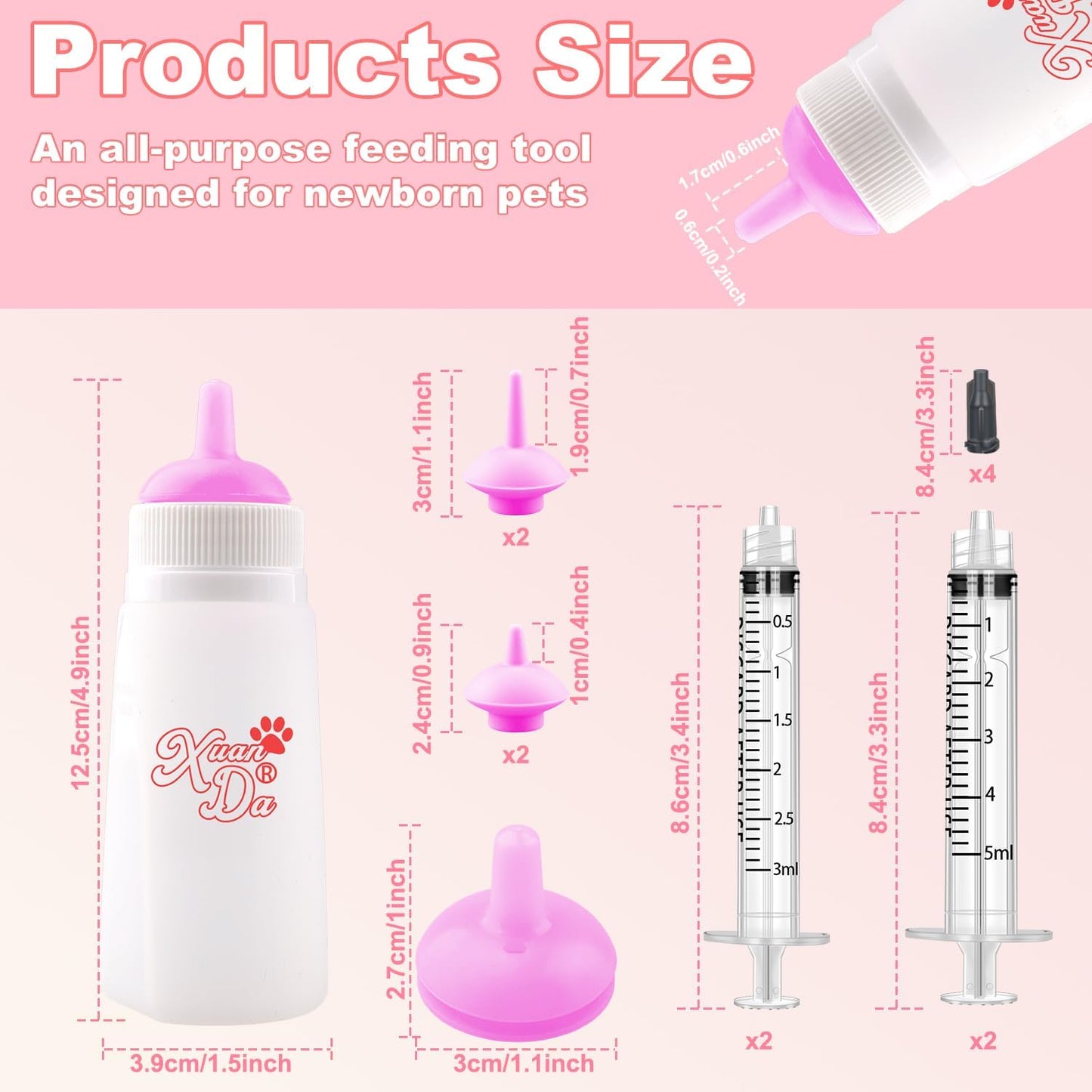 Kitten Bottle Feeding kit with Feeding Nipple and Syringe, Soft Silicone Nursing Pet Feeding Bottle, Ventilation Valve Resistant Tearing for Small Puppies, Kittens, Rabbit (L Nipple-Pink)