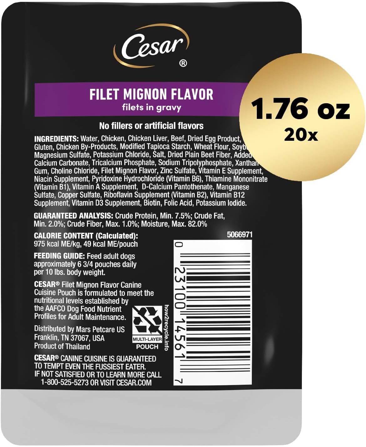 Cesar Filets in Gravy Wet Dog Food Filet Mignon Flavor, 1.76 oz. Mini-Pouch (20 Count, Pack of 1)