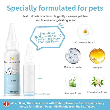 Pet Steam Brush for Dog & Cat - 3-in-1 Steam Grooming Brush for Shedding & Hair Removal - Self Cleaning Spray Comb with Mist for Long Haired Pets - Includes 2*Waterless Shampoo, Blue