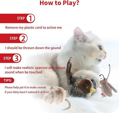PETGEEK Gigwi Simulated Chirping Bird Cat Toy, Fake Interactive Cat Toys for Indoor Cats, Feather Toy with Hanging Loop for Bored Indoor Adult Kittens Interactive Play (Bird Mouse Cricket)