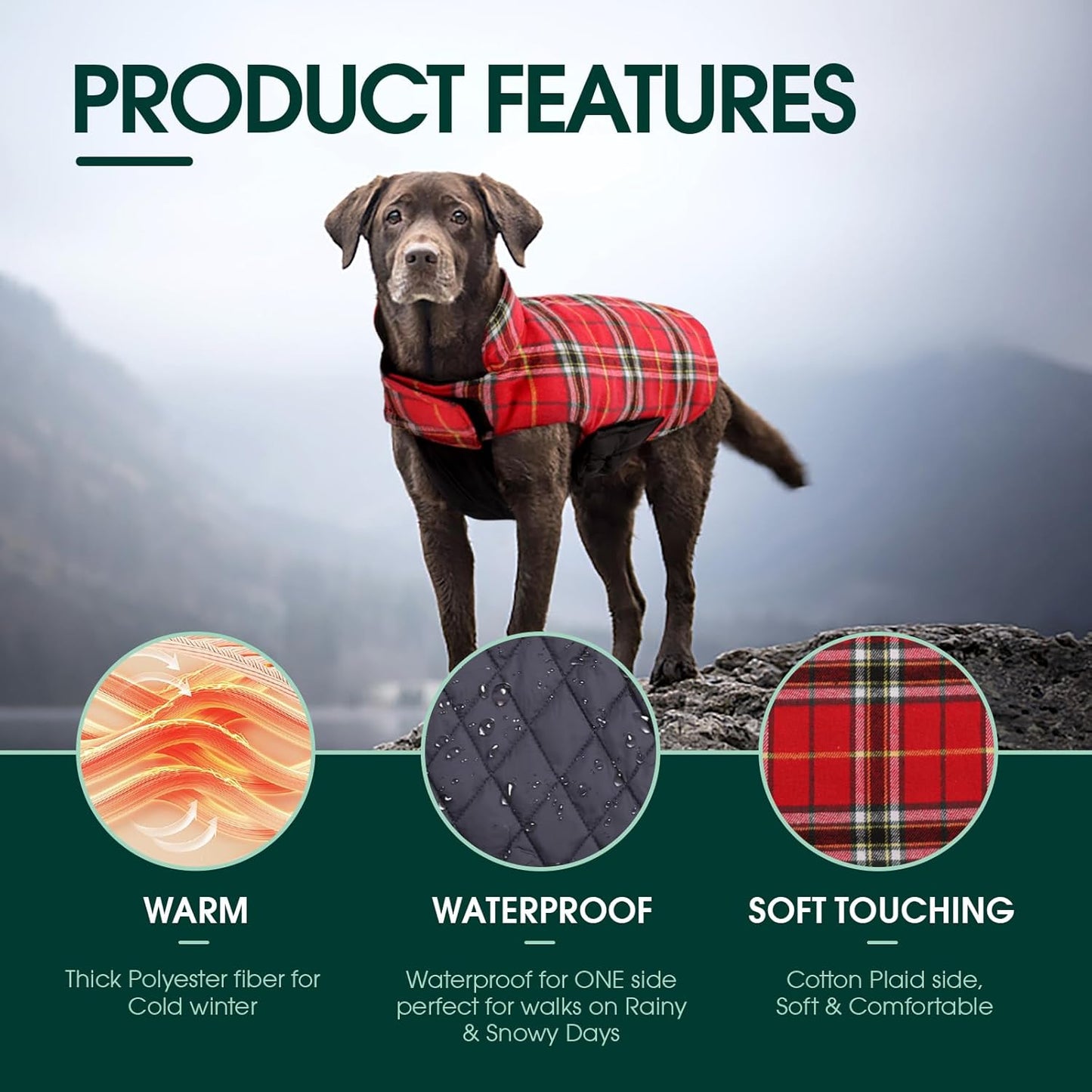 Kuoser Warm Dog Coat, Waterproof Dog Jacket for Extra Large Dogs, Adjustable Durable XL Doggie Winter Coat Reversible Cozy Puppy Cold Weather Apparel from Small to Large Breed, Bright Red XL