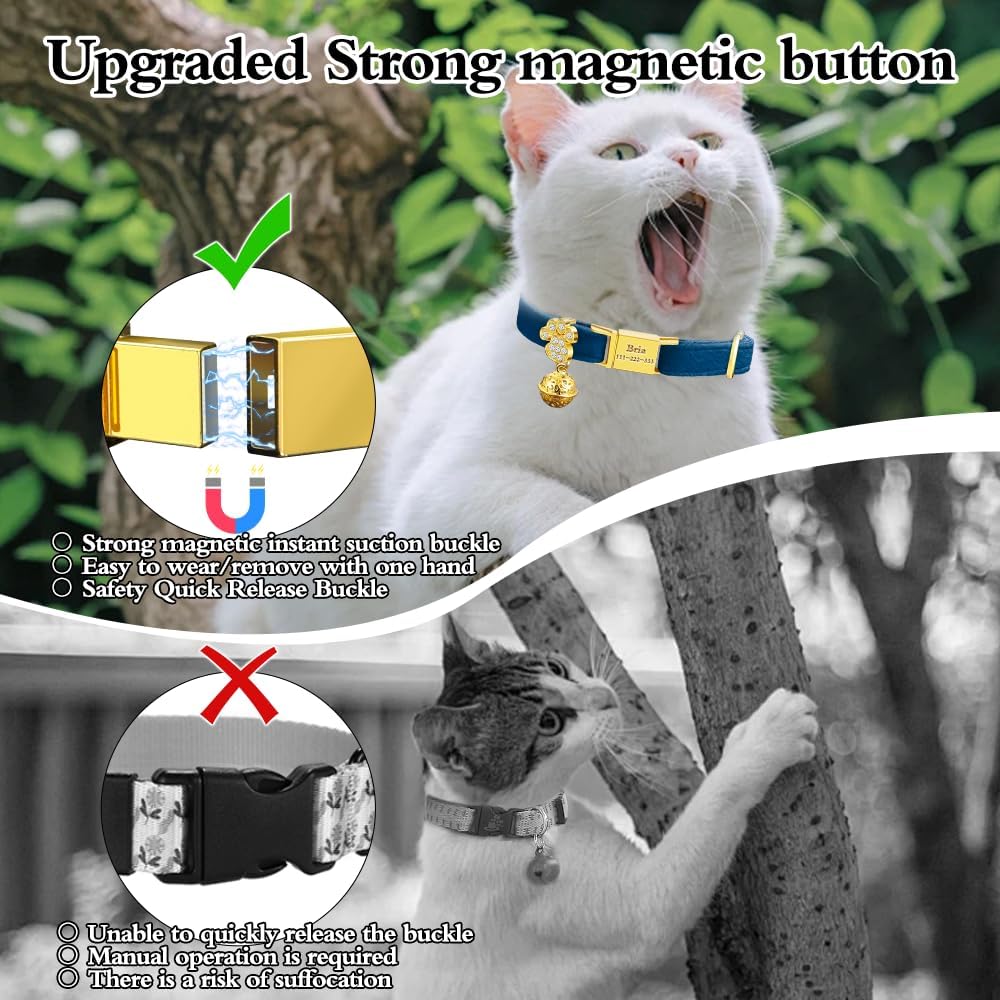 Personalized Breakaway Cat Collars - Magnetic Buckle, Bell - Safety Quick Release, Customized for Girls & Boys Cats- (Velvet-Navy)