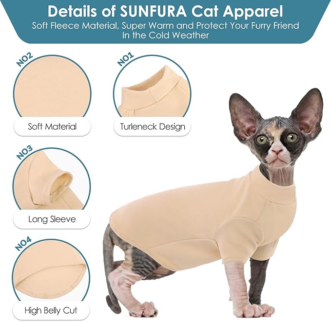 SUNFURA Turtleneck Sweater for Cat, Sphynx Cats Shirt Hairless Cat Sweaters with Sleeves, Warm and Soft Kitten Pullover Fleece Winter Pajamas Jumpsuit for Puppy Cats, LightYellow L