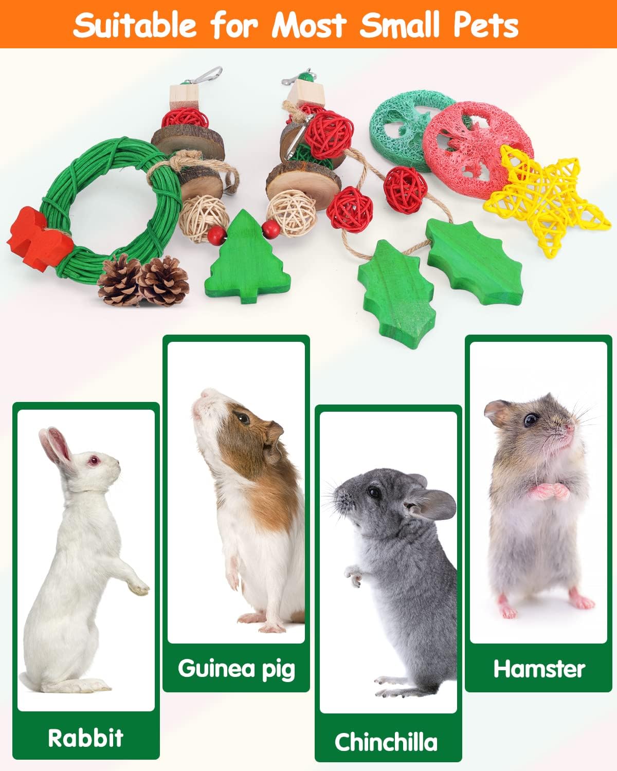 Xylolfsty 8PCS Christmas Guinea Pig Toys Xmas Chinchilla Toys Hamster Bunny Rabbit Treats for Teeth Grinding Christmas Decor for Small Pet Cage Christmas pet Accessories Gifts Idea
