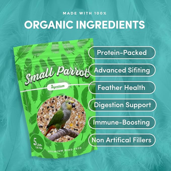 Mycelium Small Parrot Bird Seed | Safe & Clean Food with Corn, Buckwheat, Hulled Sunflower, Hemp Seeds & Millet | Supports Immunity & Digestive Health | Organic & Non-GMO 5 lb Bag
