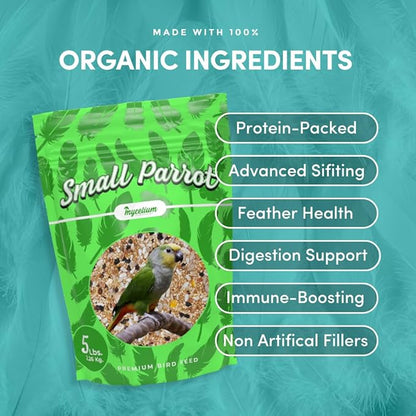 Mycelium Small Parrot Bird Seed | Safe & Clean Food with Corn, Buckwheat, Hulled Sunflower, Hemp Seeds & Millet | Supports Immunity & Digestive Health | Organic & Non-GMO 5 lb Bag