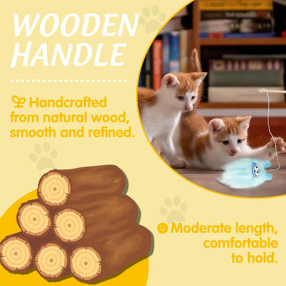 Elastic Cat Wand Toy Funny Interactive Plush Cat Fishing Pole Toy with Bell Soft Natural Wood Kitten Teaser Wand for Indoor Cats Kittens Bored Cats (3 Pack)