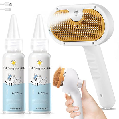 Pet Steam Brush for Dog & Cat – shower bath brush – Steam for Shedding & Grooming Water Brush for Long & Short Haired Pets Spritz Defur Comb 3-in-1 Spray Hair Removal Comb Includes 2*Waterless Shampoo