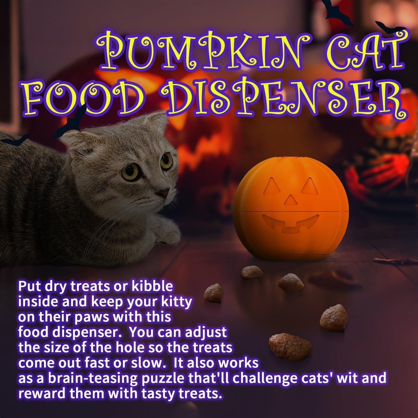 All for Paws Halloween Cat Gift Set – 4 Pack Cat Toys for Indoor Cats, Treat Dispenser, Lick Mat, Kicker & Wand