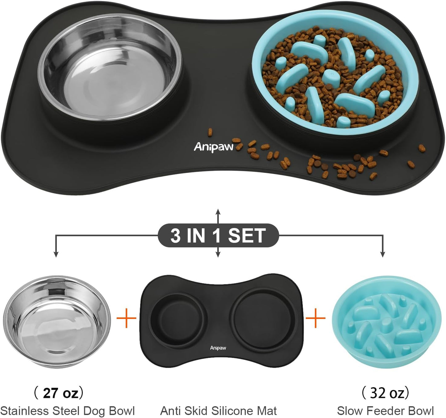 Slow Feeder Dog Bowls 3 in 1 Stainless Steel Dog Food and Water Bowls with Non-Spill Non-Skid Silicone Mat to Slow Down Eating for Large Medium Small Breed Size Dogs and Cats (Grey Blue)