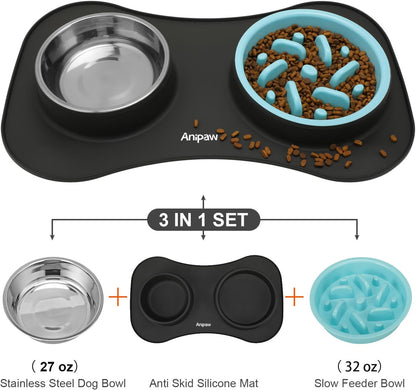 Slow Feeder Dog Bowls 3 in 1 Stainless Steel Dog Food and Water Bowls with Non-Spill Non-Skid Silicone Mat to Slow Down Eating for Large Medium Small Breed Size Dogs and Cats (Grey Blue)