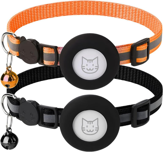 2 Pack Airtag Cat Collar with Bell, Reflective Nylon Kitten Collar with Apple Air Tag Holder and Breakaway Safety Buckle for Puppy Girl Boy Cats, 3/8" in Width and Lightweight, Black/Orange