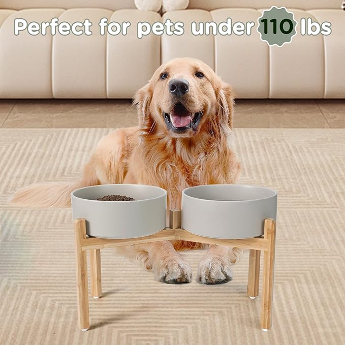 SPUNKYJUNKY Elevated Dog Bowls Ceramic, 8.3'' Dogs Food Water Bowls Raised with Non-Slip Bamboo Stand for Large Sized Breed Microwave Dishwasher Safe - 60 OZ,Grey