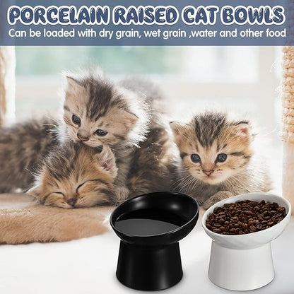 Tanlade 4 Pcs Ceramic Raised Cat Bowls, Elevated Tilted Cat Bowl, Stress Free, Backflow Prevention, Dishwasher and Microwave Safe for Indoor Kitten, Puppies(White and Black)