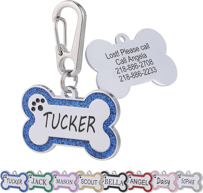 Personalized Stainless Steel Pet ID Tags with Glittery Bone Design - DEEP Engraved Dog Tags Engraved for Pets Customized with 5 Lines Dogs and Cats Pets
