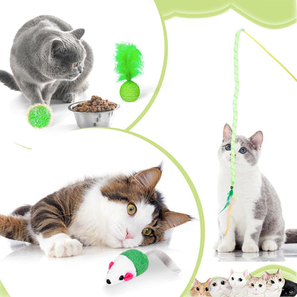 24 Pcs Cat Toys Set Interactive Kitten Toys Pack Including Collapsible Play Tunnel Feather Teaser Wand Fuzzy Ball Springs Pillow Mouse Bells for Indoor Cats Puppy (Green)
