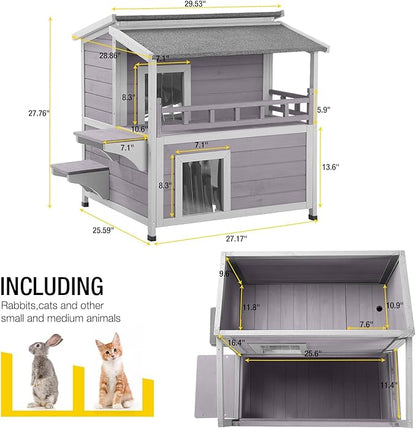 Aivituvin Outdoor Feral Cat House Wooden Kitty Shelter with Large Balcony,Escape Door,Waterproof