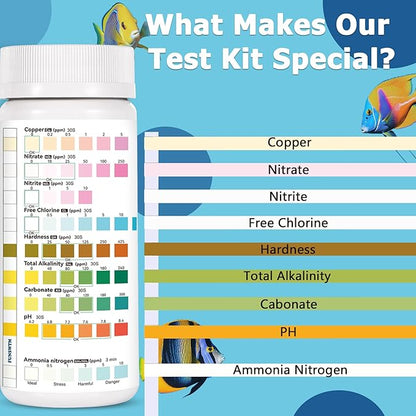 Aquarium Test Strips for Fish Tank: 9 in 1 Aquarium Water Test Kit for Freshwater - 150ct Fish Test Strips Testing Ammonia pH Nitrate Chlorine Nitrite Hardness Alkalinity Copper