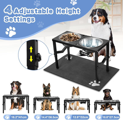 Elevated Dog Bowls, 4 Height Adjustable Metal Raised Bowl Stand with 2 Large 111 oz Stainless Steel Food Bowls & Spill-Proof Mat, Adjusts to 16.2'', 14.4'', 12.6'', 10.8'' for Large/Extra Large Breeds