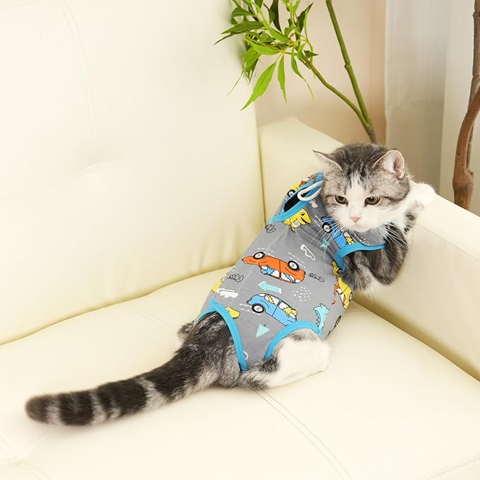 Cat Surgery Recovery Suit Professional for Surgical Abdominal Wound Or Skin Diseases E-Collar Alternative for Cats After Surgery Wear Pajama Suit (Gray, Small)