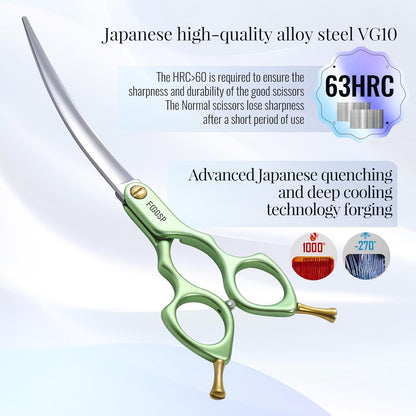 Professional Curved Dog Grooming Scissors with Sharper Self Grinding lightweight and finely trimmed split structure 6.5'' Japan VG10 63HRC for small dogs cat pet(Green)