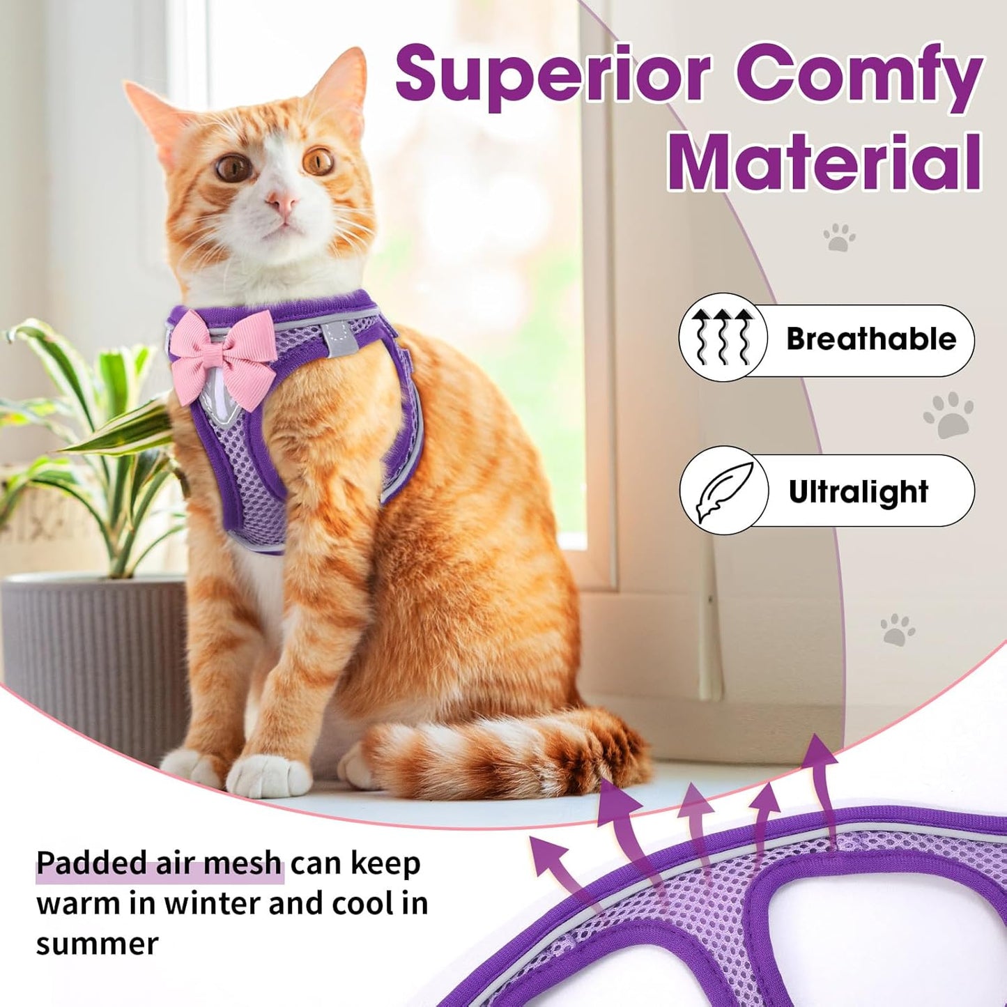Cat Harness and Leash Set for Walking Escape Proof, Adjustable Kitten Harness Breathable Mesh with Reflective Strips Harness for Kitty Puppy Bunny Purple,Large