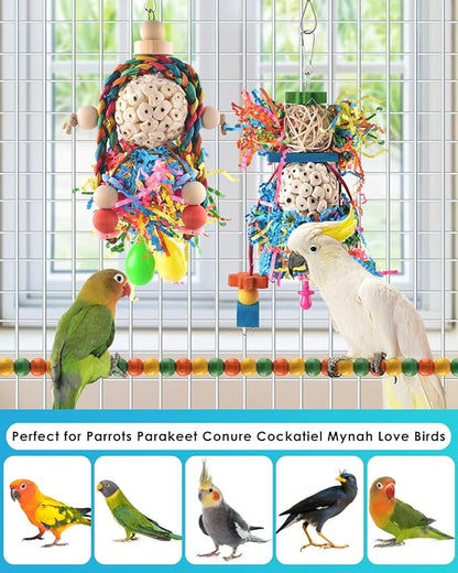 Bissap Conure Toys, 3 PCS Parrot Foraging Shredder Hanging Toys Sola Balls with Sand Hammer Perch Swing Climbing for Small Parrots Parakeets Conures Cockatiels Love Birds Cage Toy