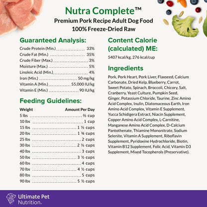 ULTIMATE PET NUTRITION Nutra Complete, 100% Freeze Dried Veterinarian Formulated Raw Dog Food with Antioxidants Prebiotics and Amino Acids, (1 Pound, Pork)