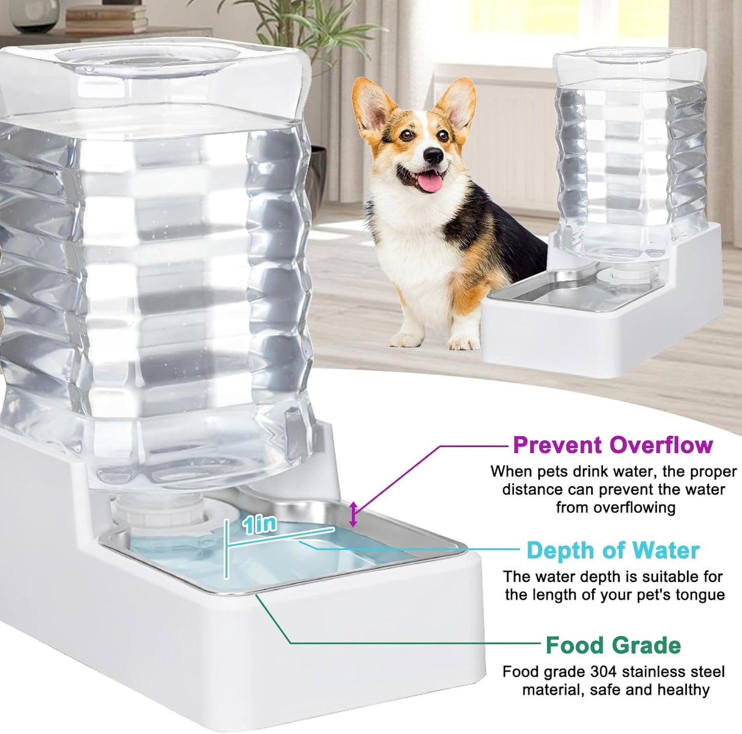 Sfozstra Dog Water Bowl Dispenser: 8L Lagre Automatic Gravity White Upgraded Pet Water Dispenser - Stainless Steel Bowl - BPA-Free - Two Caps and Filters for Multiple Pets