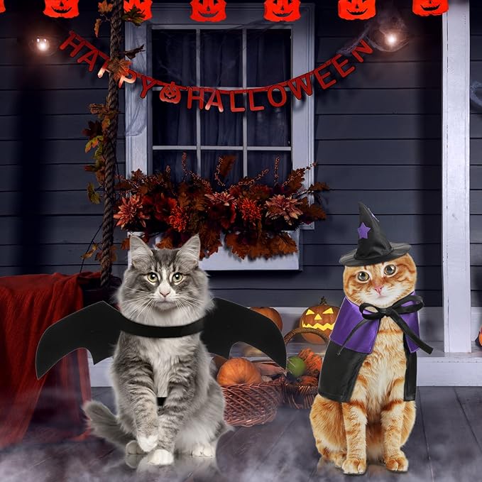 Frienda 3 Pieces Cat Halloween Vampire Costume Includes Vampire Costume Cloak Wizard Hat and Cat Bat Wings for Kittens Pet Halloween Party Cosplay Accessories(Purple,Star)