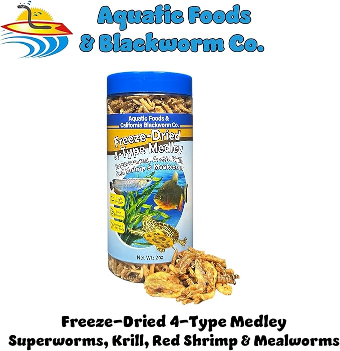 Aquatic Foods Inc. 4-Type Medley Mix of Freeze Dried Superworms, Krill, Red Shrimp, Mealworms for Monster Fish, Reptiles, Turtles, Tortoises, Frogs, Hamsters, Birds, Rodents 2oz Canister