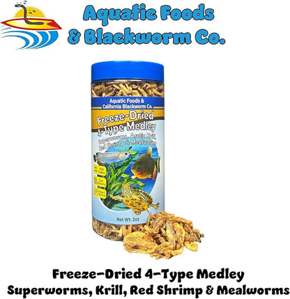 Aquatic Foods Inc. 4-Type Medley Mix of Freeze Dried Superworms, Krill, Red Shrimp, Mealworms for Monster Fish, Reptiles, Turtles, Tortoises, Frogs, Hamsters, Birds, Rodents 2oz Canister