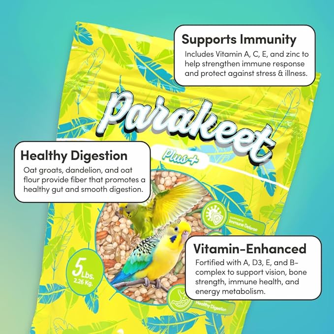 Mycelium Parakeet Plus Bird Seed (5 LB Bag) | Organic Bird Food Fortified with Vitamins for Immune & Digestive Support | Daily Nutrition for Parakeets & Budgies | Non-GMO, Clean Seed Blend | USA Made