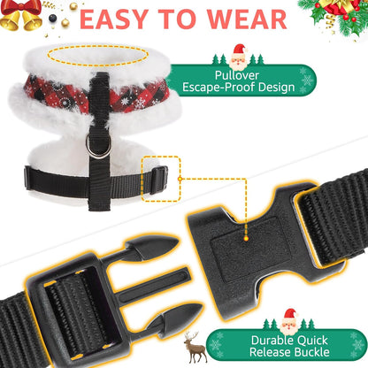 SCENEREAL Dog Christmas Harness Collar and Leash Set, Warm Fleece No Pull Puppy Vest Harnesses No Chock Adjustable Step in Small Pet Halter for Outdoor Walking Training, Black Red Plaid S